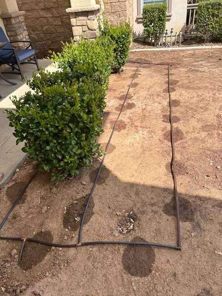 Drip irrigation system installed around garden beds and shrubs